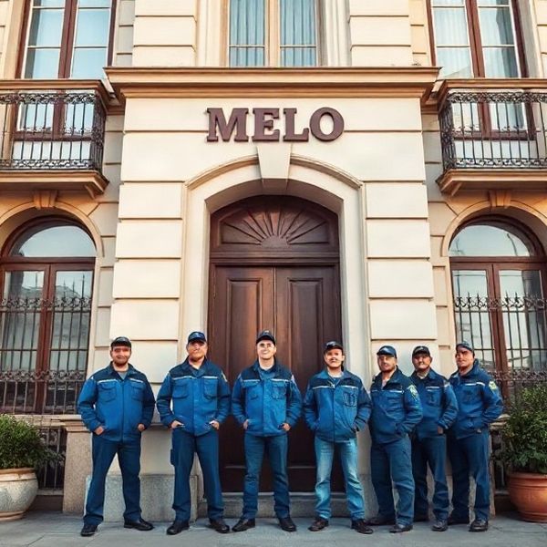 Equipo de siete electricistas de Pixelgpanda frente a un edificio en Melo