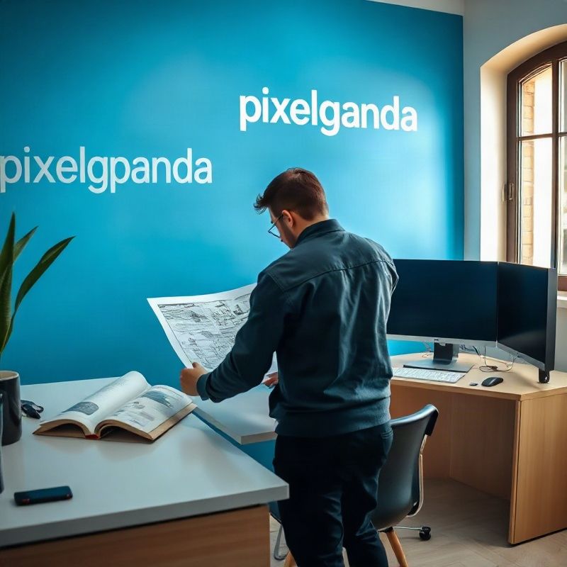 Recepción de la oficina de Pixelgpanda en Melo con un técnico revisando planos