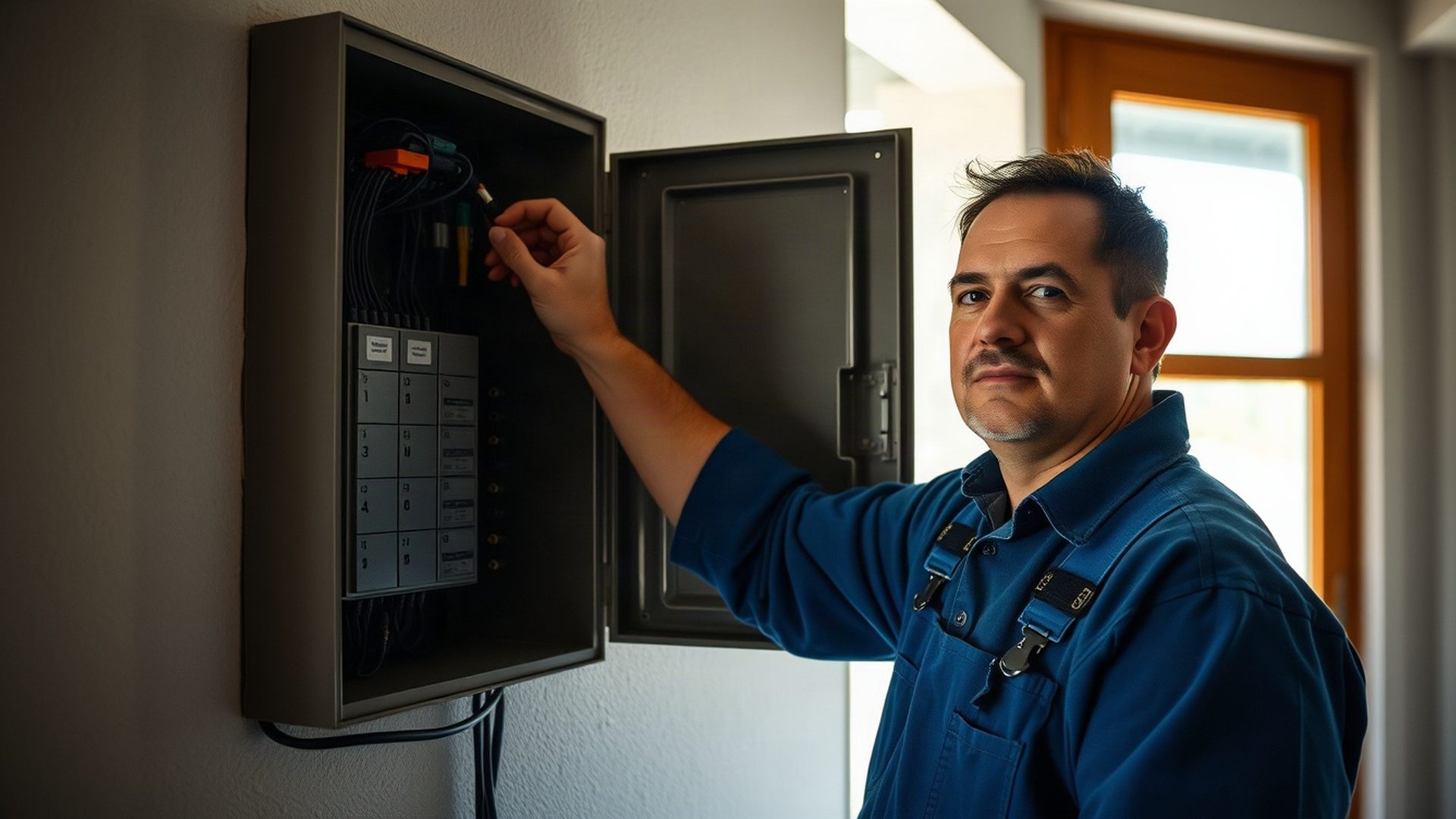 Técnico electricista de Pixelgpanda inspeccionando un tablero residencial en Melo