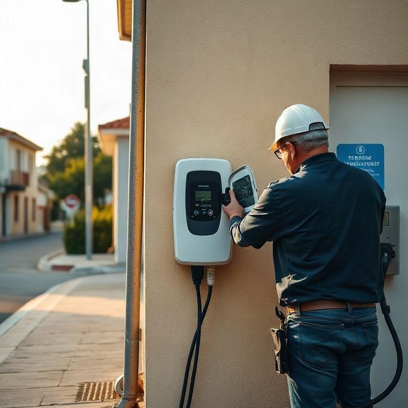Electricista montando una estación de carga Tipo 2 en la fachada de una vivienda en Melo